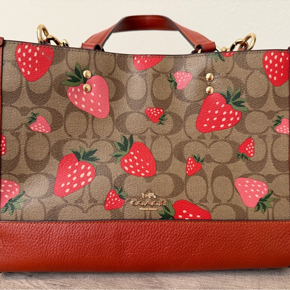Coach Brown and Red Strawberry Print Tote